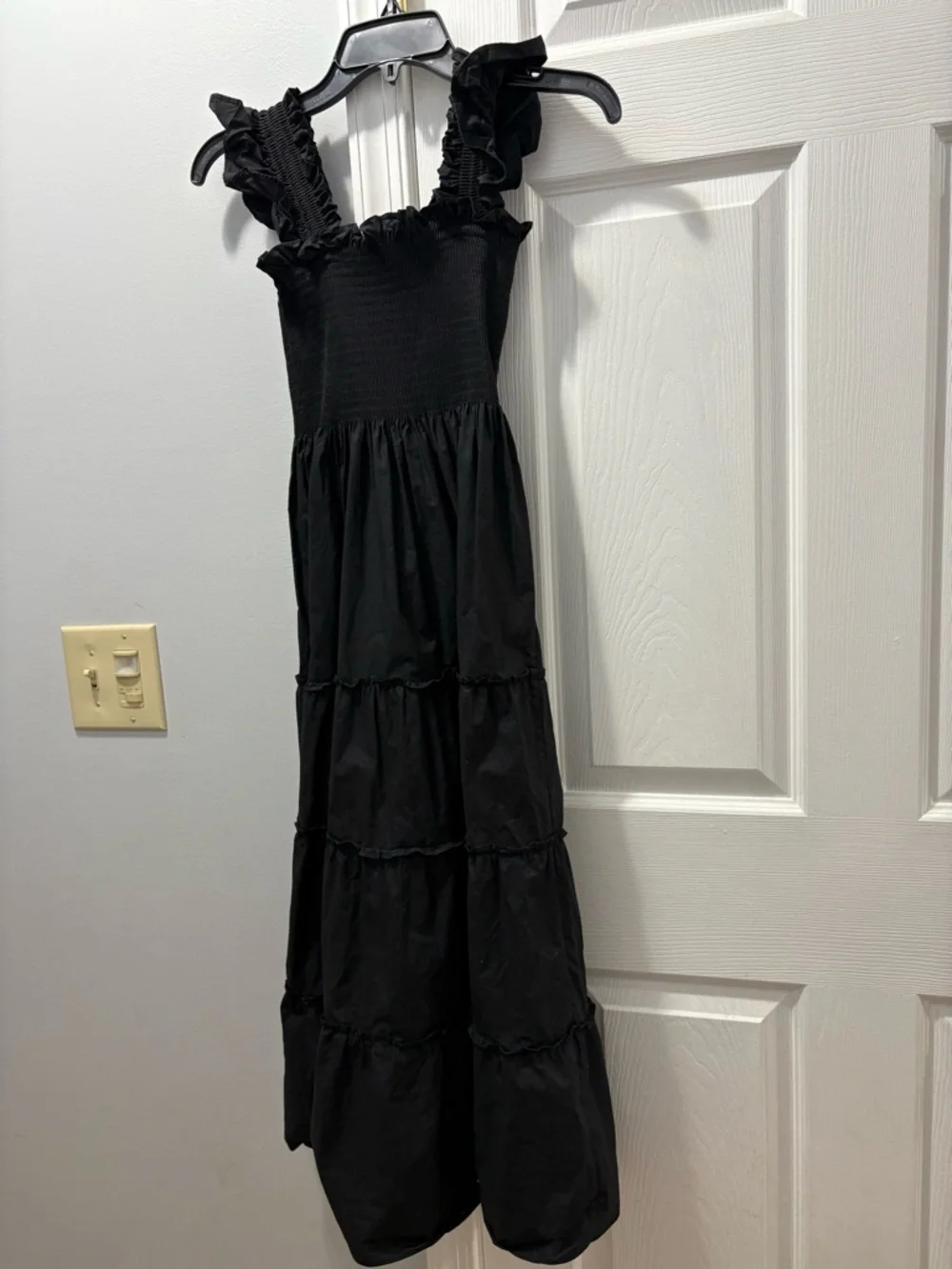 Quince Smocked Organic Cotton Midi Dress Size Small Black Ruffle Tiered Boho - Picture 3 of 5